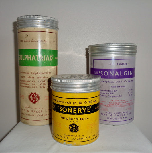 Set Of Three 1950s May & Baker Empty Pharmacist/Druggist Tins. Sonalgin. Soneryl. Sulphatriad.