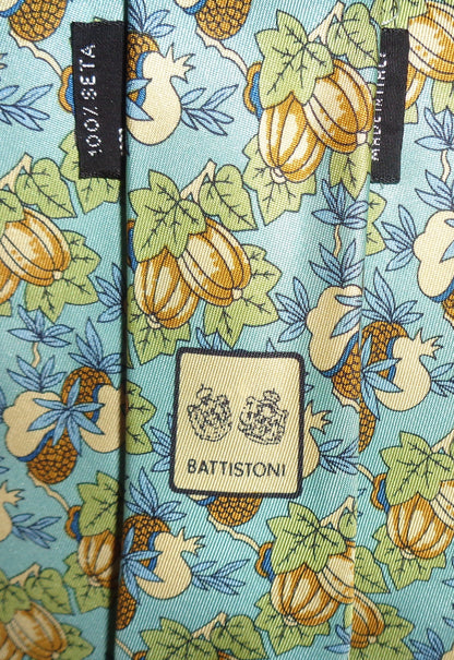 Vintage Battistoni Italian Turquoise Fruit/Floral Silk Tie