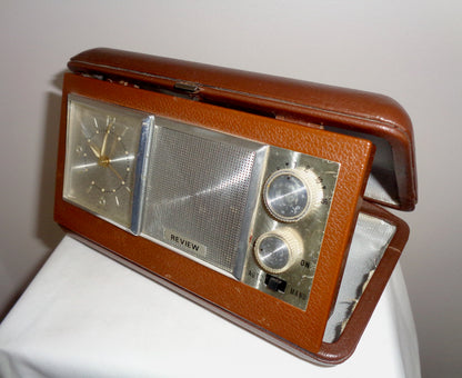 Vintage Review Travel Radio Alarm Clock In A Brown Plastic Case