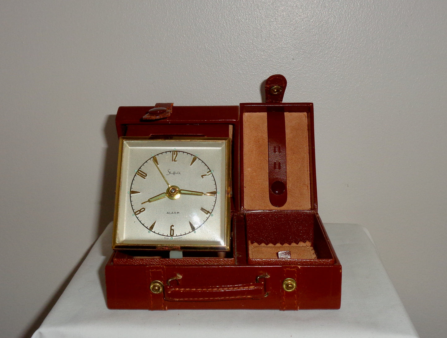 Vintage Swiza Sheffield Alarm Clock Shaped Like A Leather Suitcase