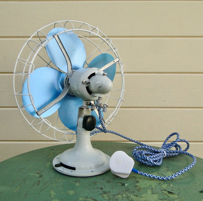 1950s 12 inch Vintage Limit Desk Fan With Blue Blades And Grey Body