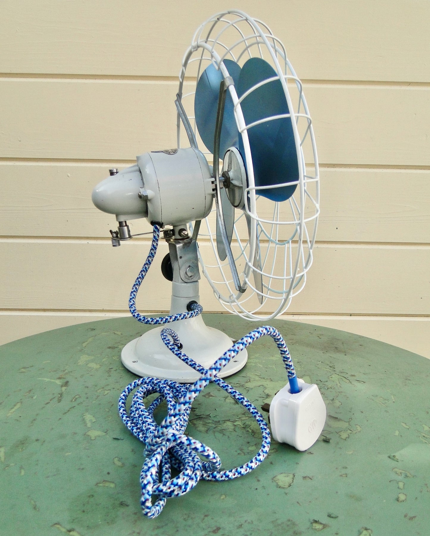 1950s 12 inch Vintage Limit Desk Fan With Blue Blades And Grey Body