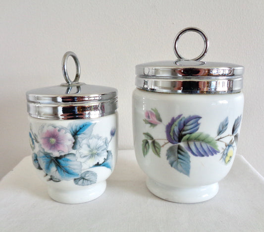 Pair of Vintage Royal Worcester Egg Coddlers: King Size June Garland And Standard Size Woodland