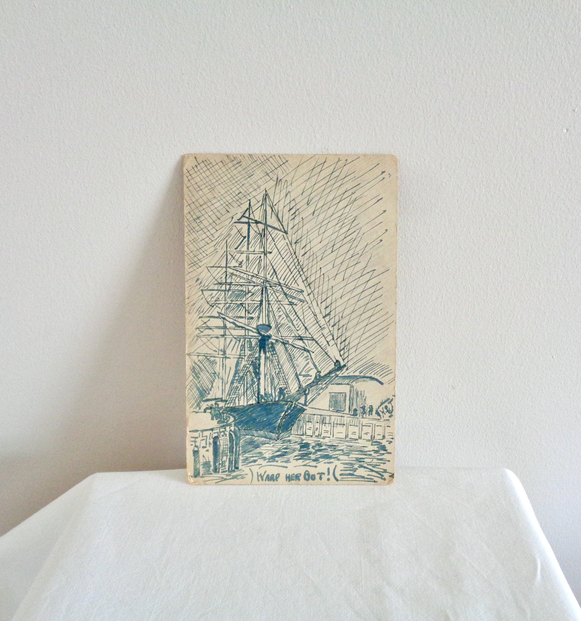 Original WW1 Warp Her Bot Sailing Boat Pen and Ink Postcard By HSJ