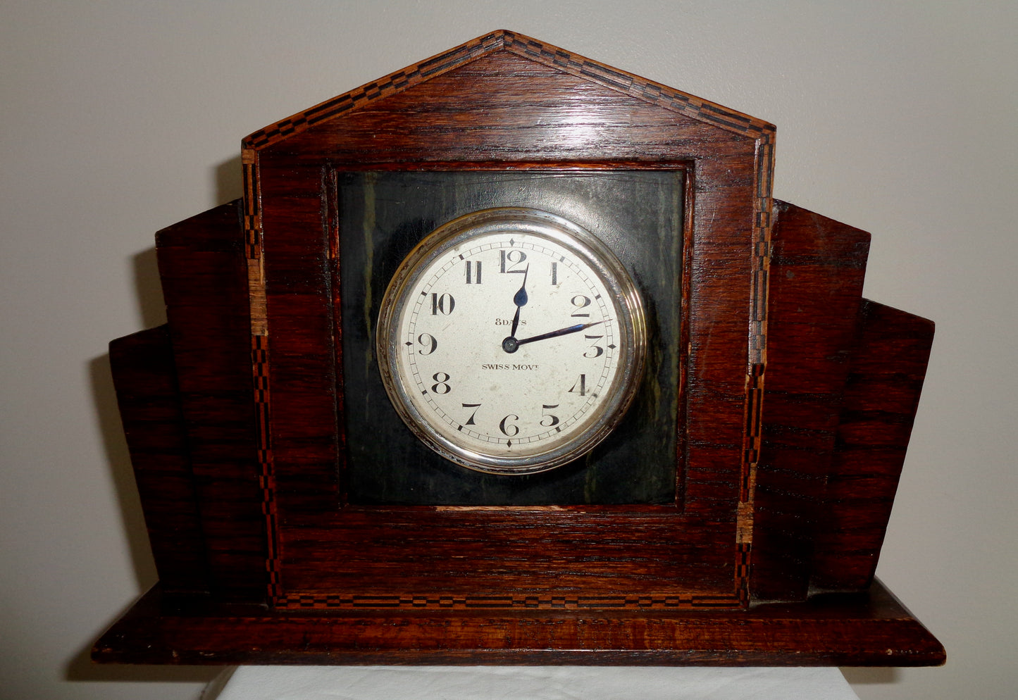 Vintage Art Deco Wood Mounted Rands 8 Day Swiss Mantelpiece Clock