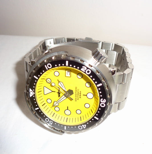 Heimdallr Sharkey Sea Shepherd Colourful Tuna Can Diver's Watch With Yellow Face And Stainless Steel Band