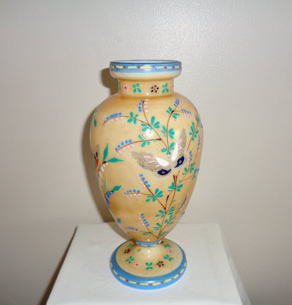 Antique Opaque Glass Floral Vase With Butterflies. Beige and Blue