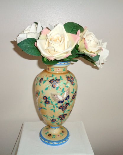 Antique Opaque Beige And Blue Glass Floral Vase With Butterflies.