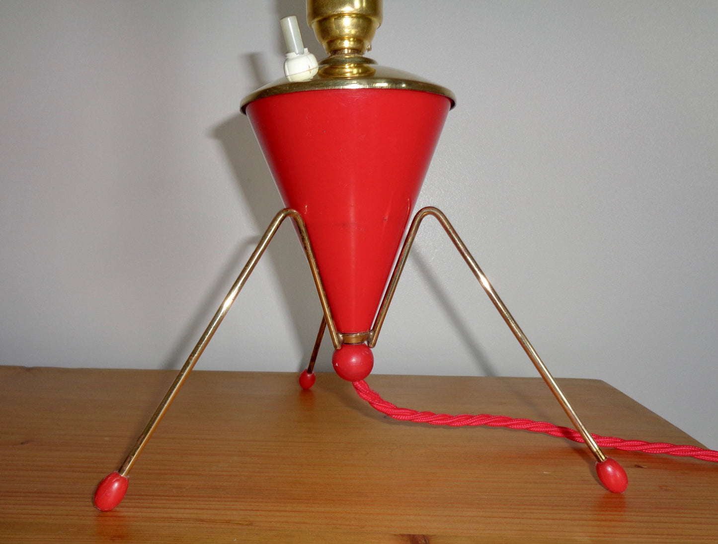 1950s Atomic Age Red Plastic & Brass Small Table Lamp