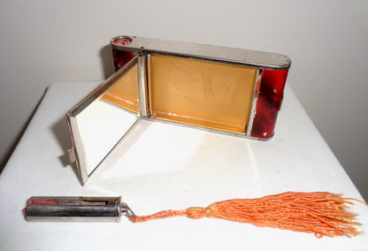 Art Deco Combination Brass & Red Enamel Compact & Cigarette Case