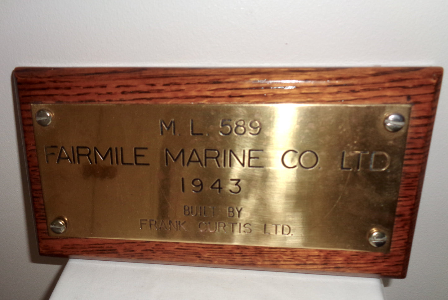 1943 Original Brass Name Plate Naval Souvenir of Motor Launch HMS ML 589 Class Fairmile B