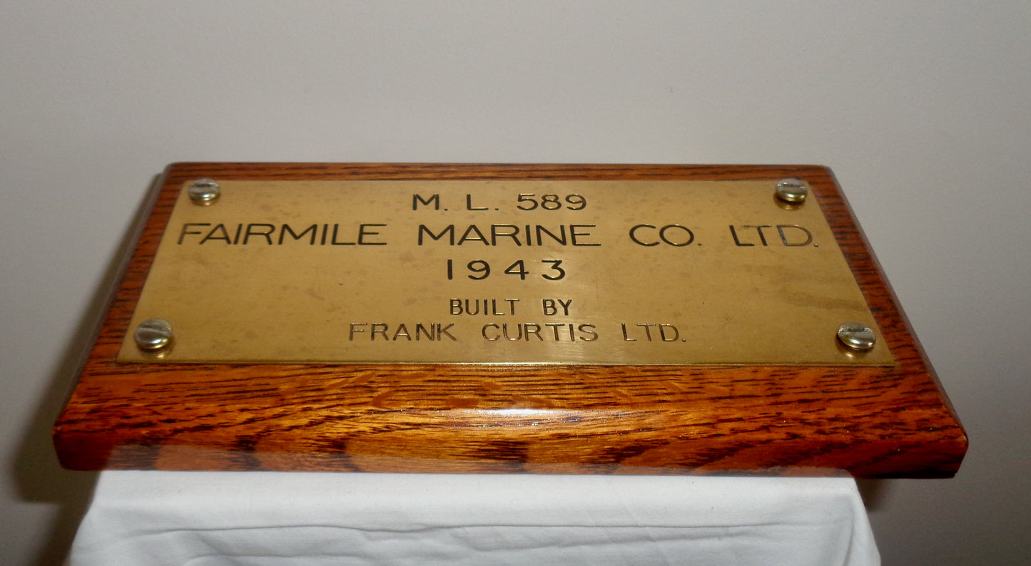 1943 Original Brass Name Plate Naval Souvenir of Motor Launch HMS ML 589 Class Fairmile B