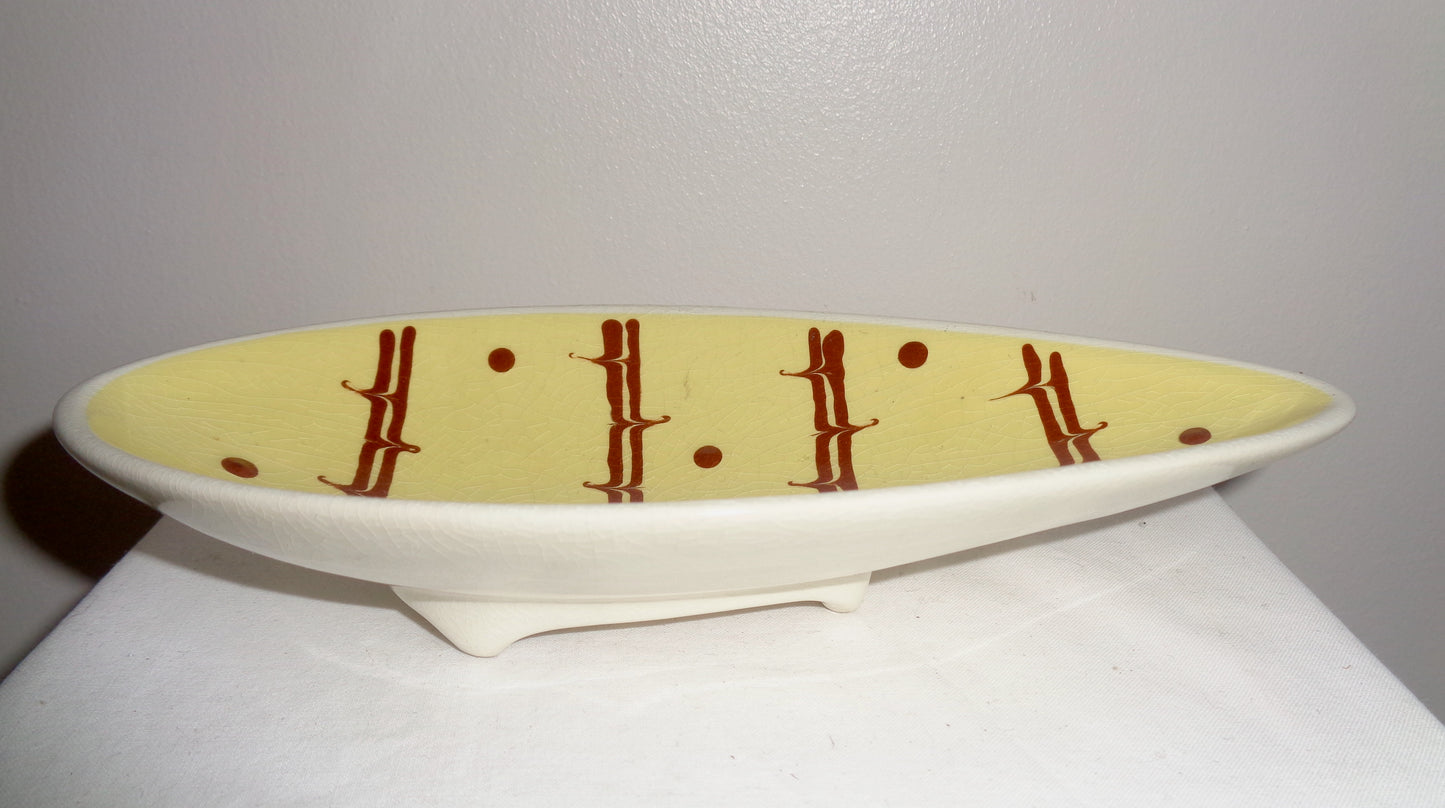 1950s Teardrop Shaped Yellow and Brown Pottery Trinket Dish