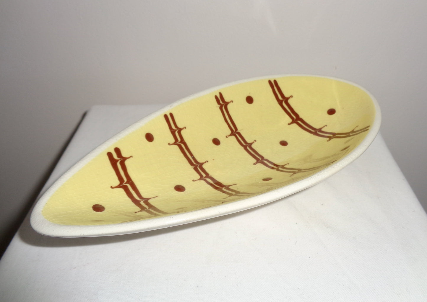 1950s Teardrop Shaped Yellow and Brown Pottery Trinket Dish