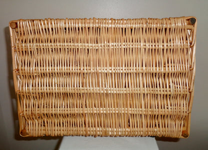 Small Wicker Picnic Basket With Brown Leather Closure Straps And Wicker Handle