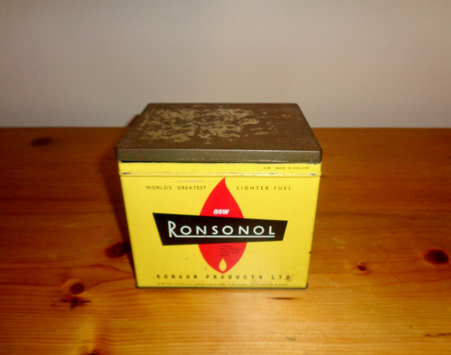 1950s Ronsonol Lighter Fluid Advertising Collector's Tin. Yellow/Red/White/Black In Colour