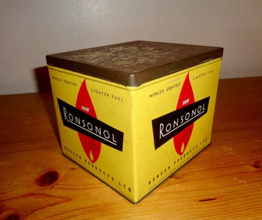1950s Ronsonol Lighter Fluid Advertising Collector's Tin. Yellow/Red/White/Black In Colour