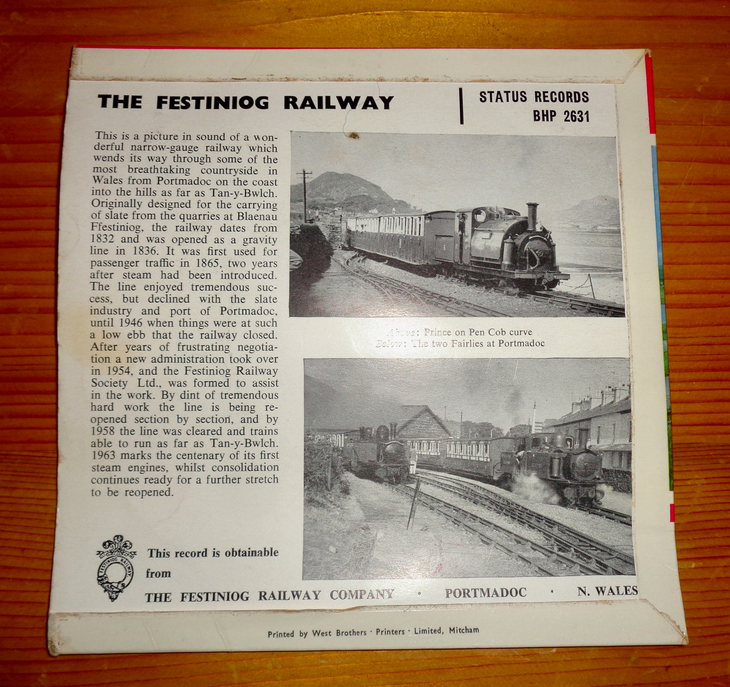 1963 Centenary 7" Vinyl Record Of The Festiniog Railway By Bill Hartley With Postcards