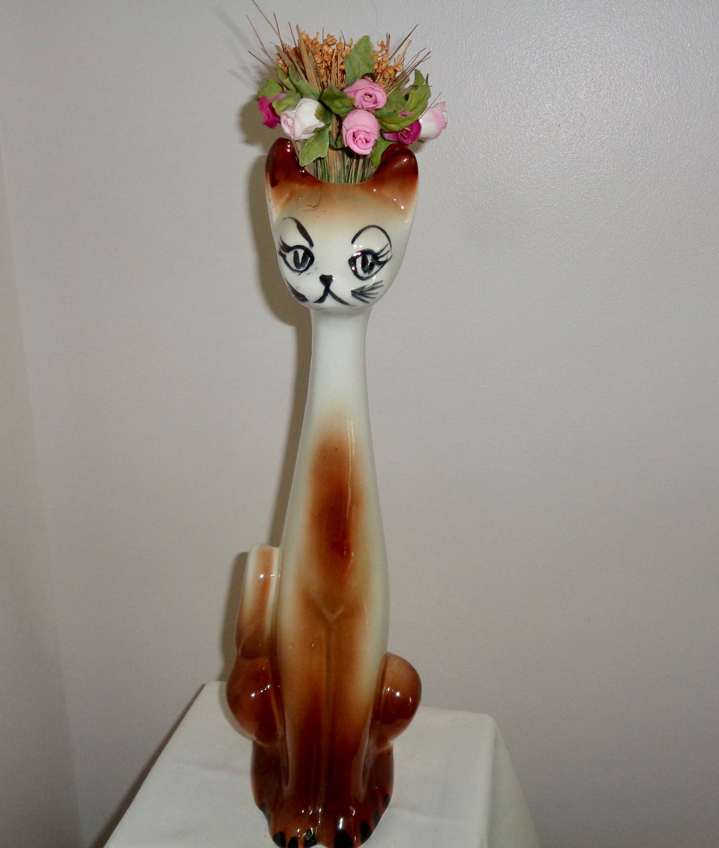 1950s Novelty, Long Stemmed/Necked, Brown & White Cat Bud Vase