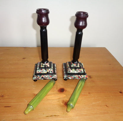 Pair Of Art Deco Mixed Bakelite And Catalin Candle Sticks With Original Green Candles