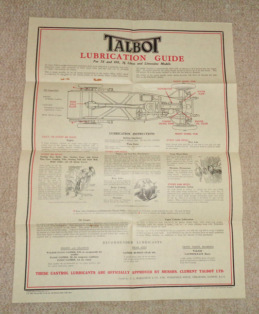 1930s Talbot 105 Classic Car Castrol Oil Lubrication Chart In An Envelope