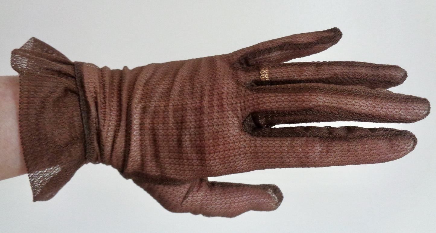 1950s Ladies Gloves Medium Size Wrist Length In Brown Synthetic Lace