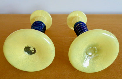 Pair Of Yellow Art Glass Candlesticks With Blue Spiral Glass And Flower Accents