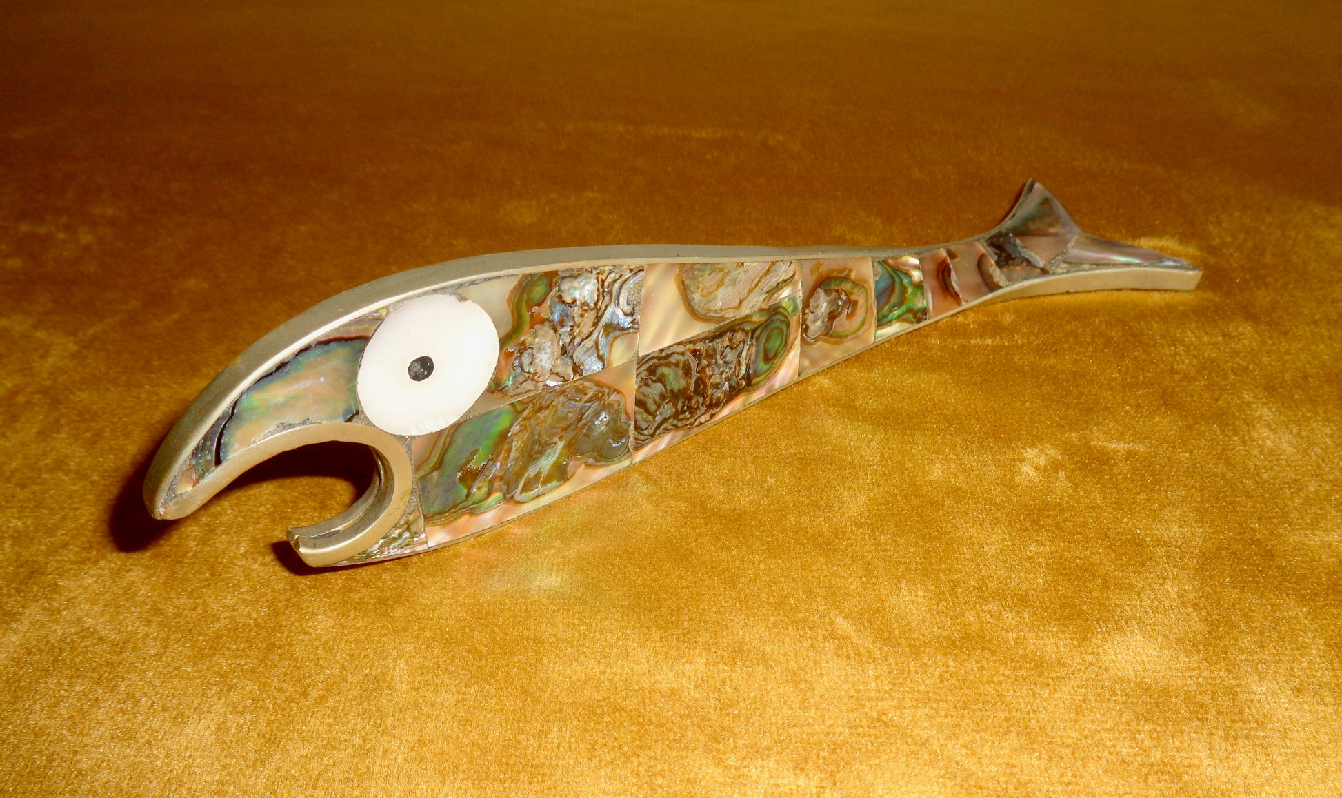 Vintage Abalone and Silver Freestanding Fish Shaped Bottle Opener