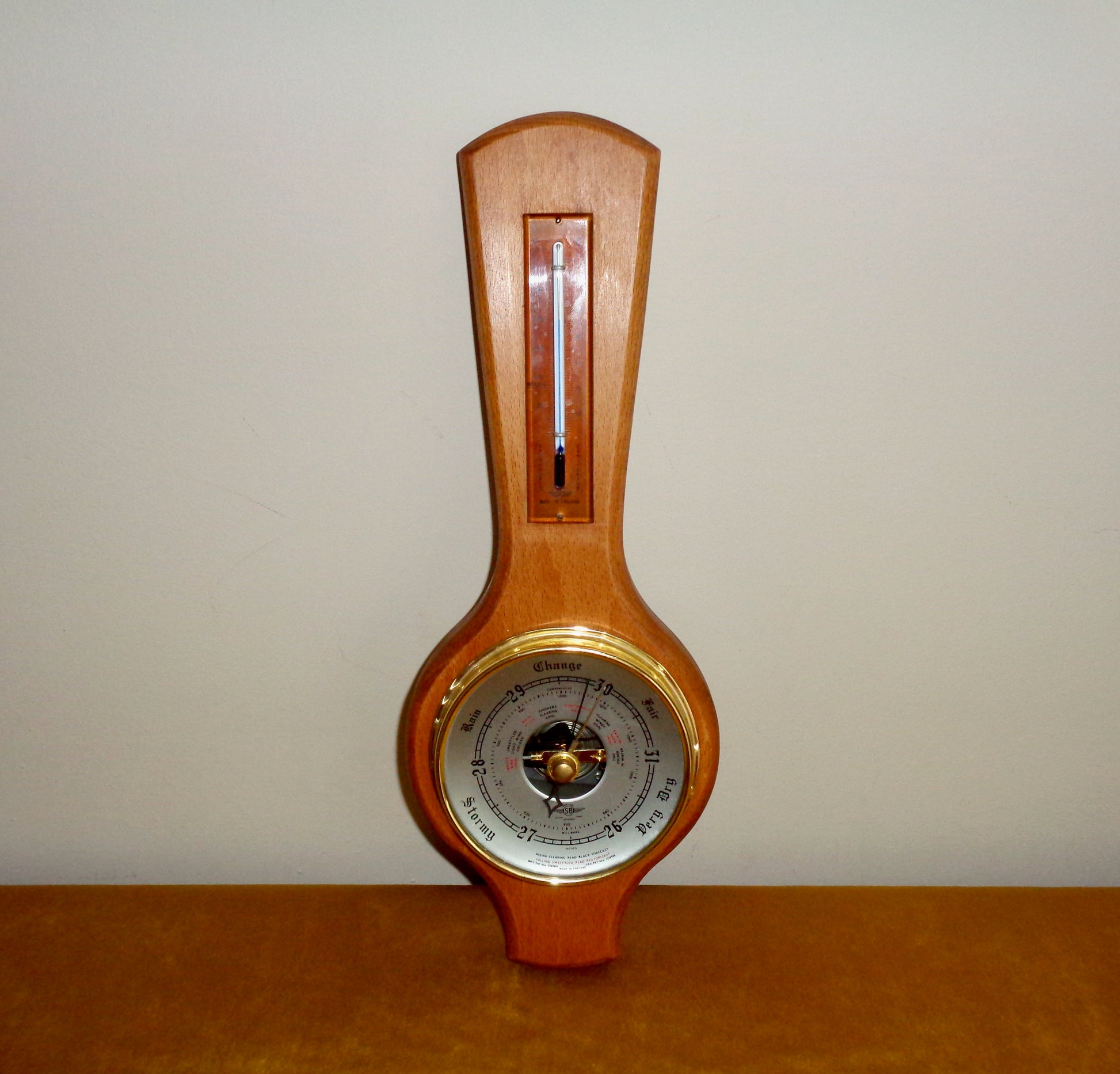 Vintage Shortland SB Aneroid Barometer and Thermometer In An Elongated Wood Surround