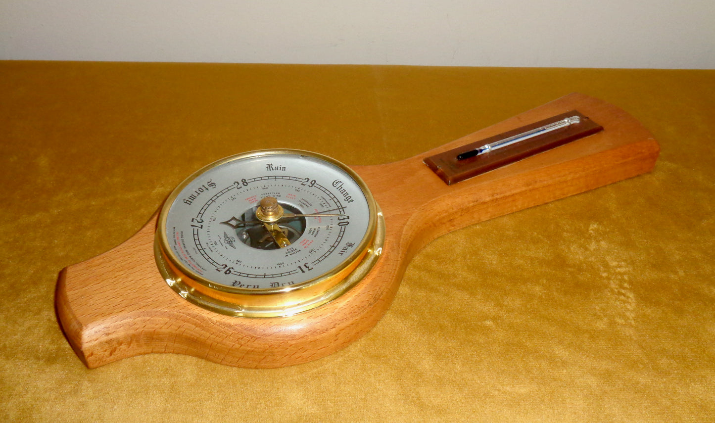 Vintage Shortland SB Aneroid Barometer and Thermometer In An Elongated Wood Surround