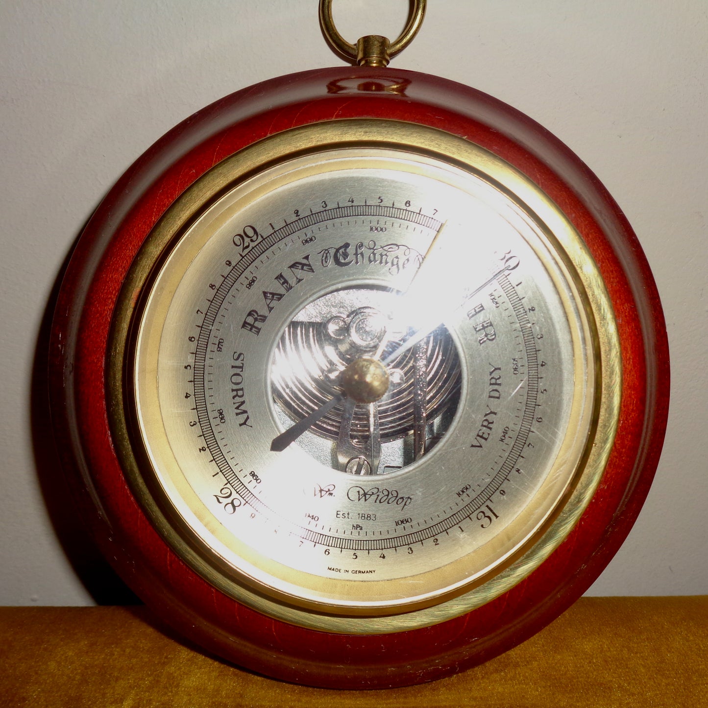 Vintage William Widdop 4 Inch Barometer With Brass and Wood Surround