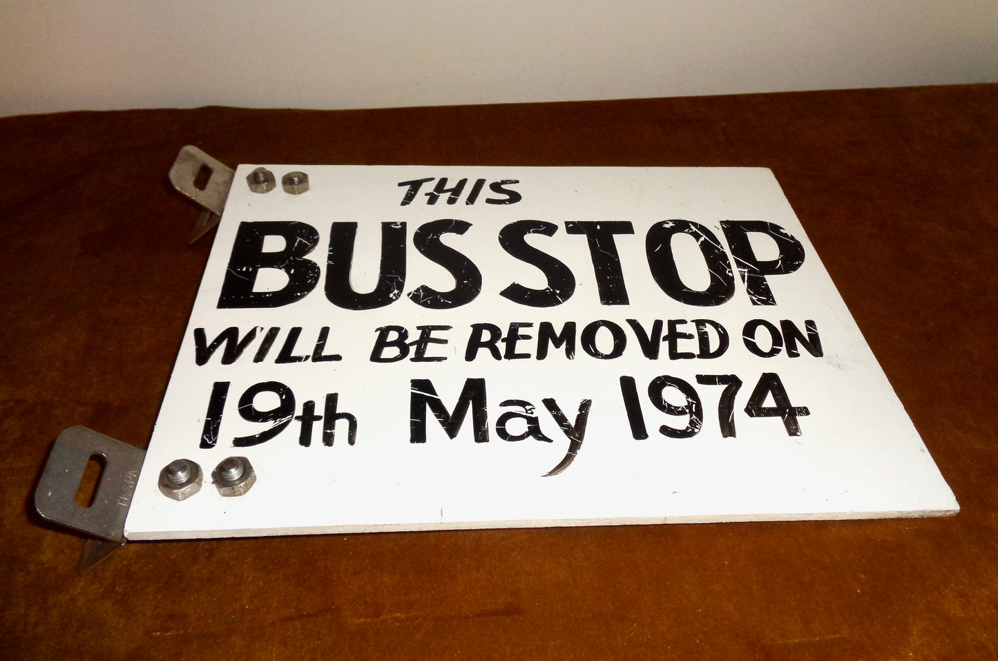 1974 Double Sided Bus Stop Removal Sign In White Resin With Metal Mounting Brackets