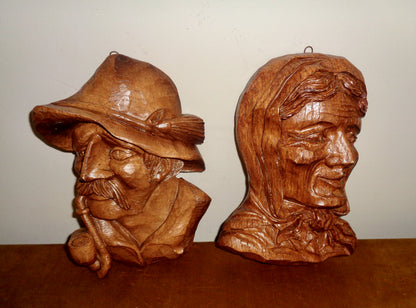 Pair of Vintage Black Forest Wood Face Wall Masks / Plaques