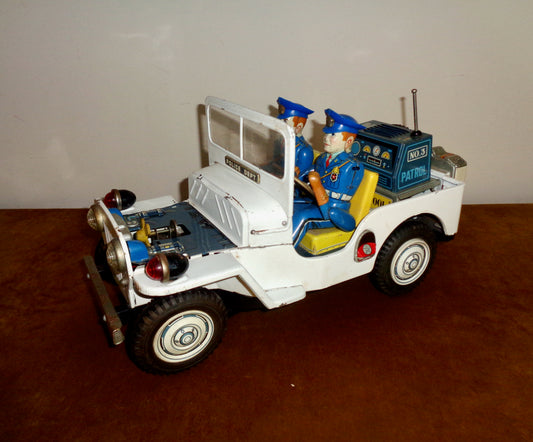 Vintage Tinplate TN Tomura Battery Operated Police Jeep Made in Japan