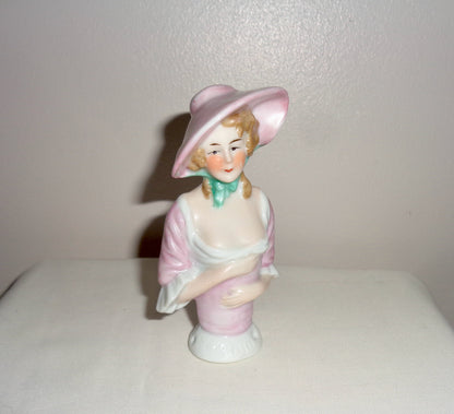 Vintage Half doll China Bisque Pin Cushion Lady (Lilac Pink dress/ Hat)