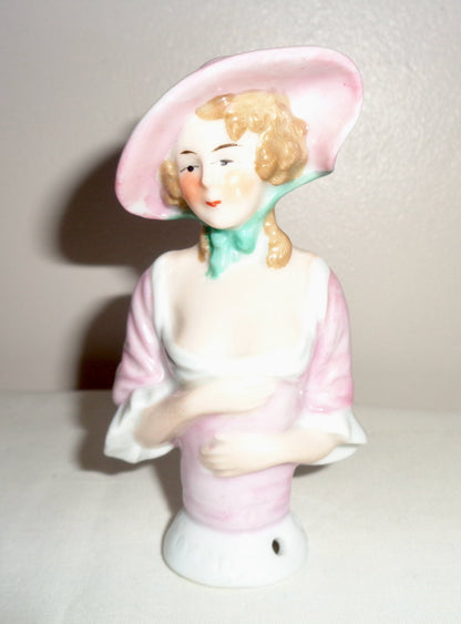 Vintage Half doll China Bisque Pin Cushion Lady (Lilac Pink dress/ Hat)