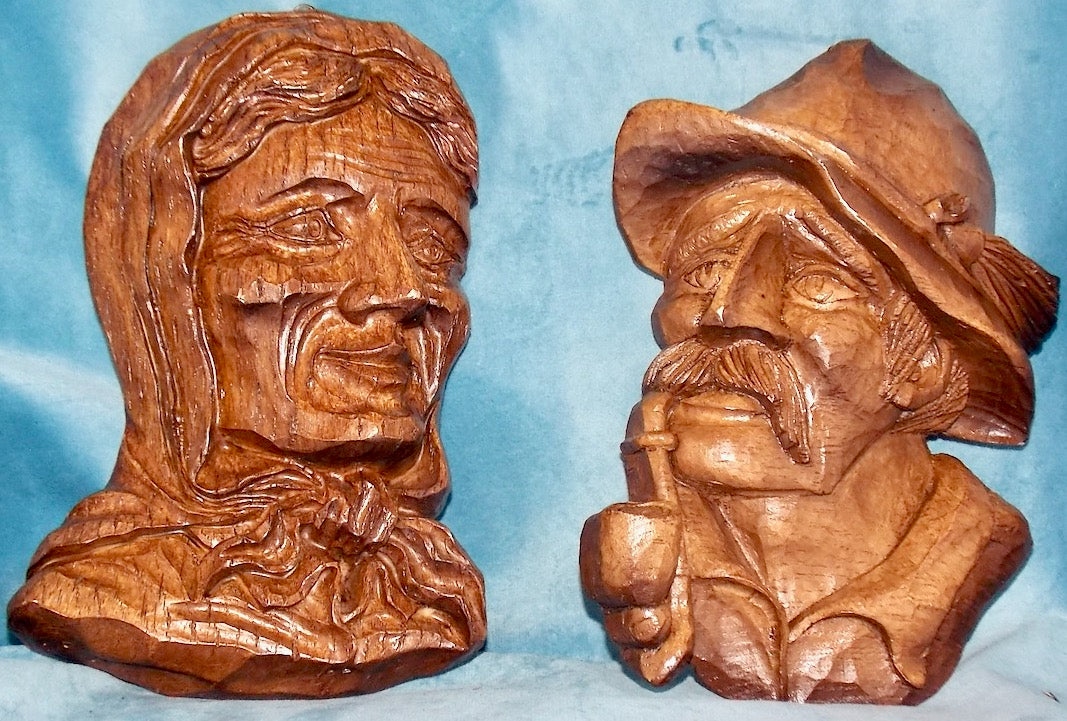 Pair of Vintage Black Forest Wood Face Wall Masks / Plaques