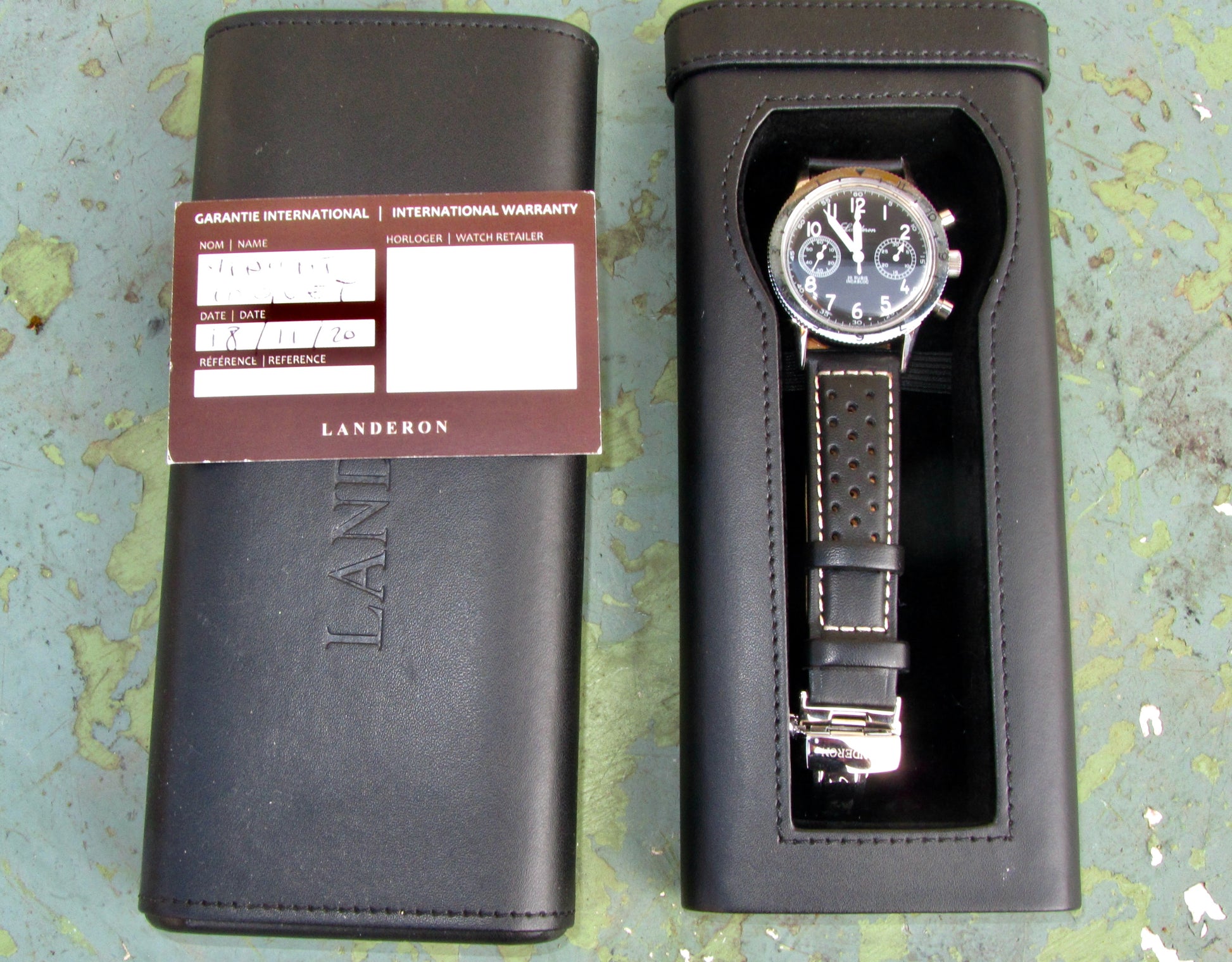 Landeron Type 20 Chronograph Watch In Black Leather and Stainless Steel