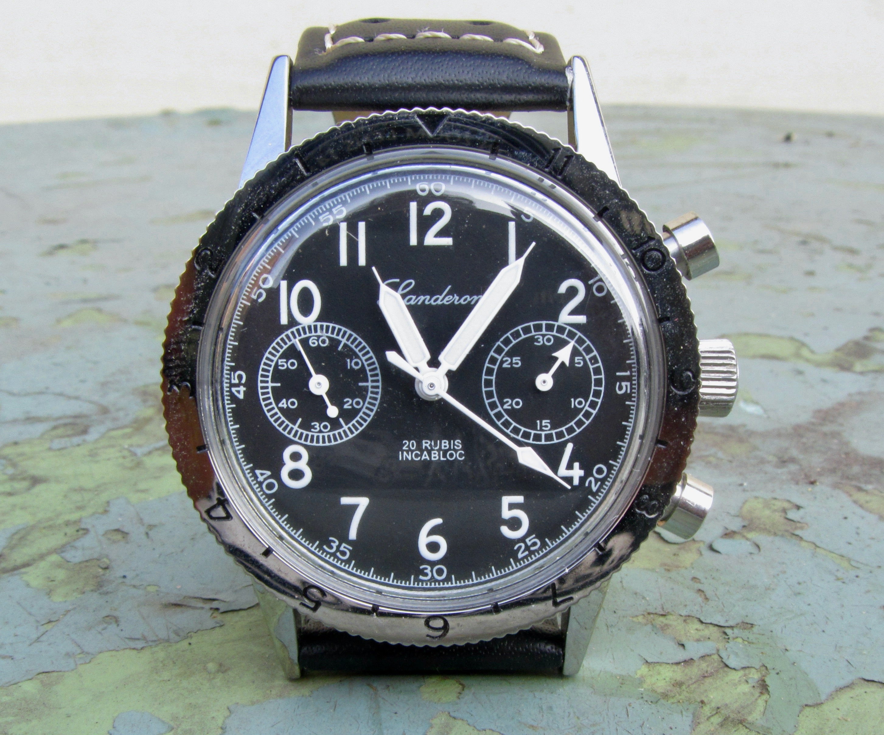 Landeron Type 20 Chronograph Watch In Black Leather and Stainless