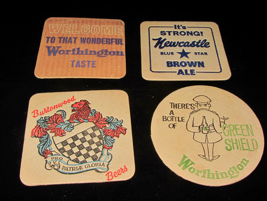 Set of Four Of Vintage Beer Bar Mats/Coasters. Worthington/Burtonwood/Newcastle