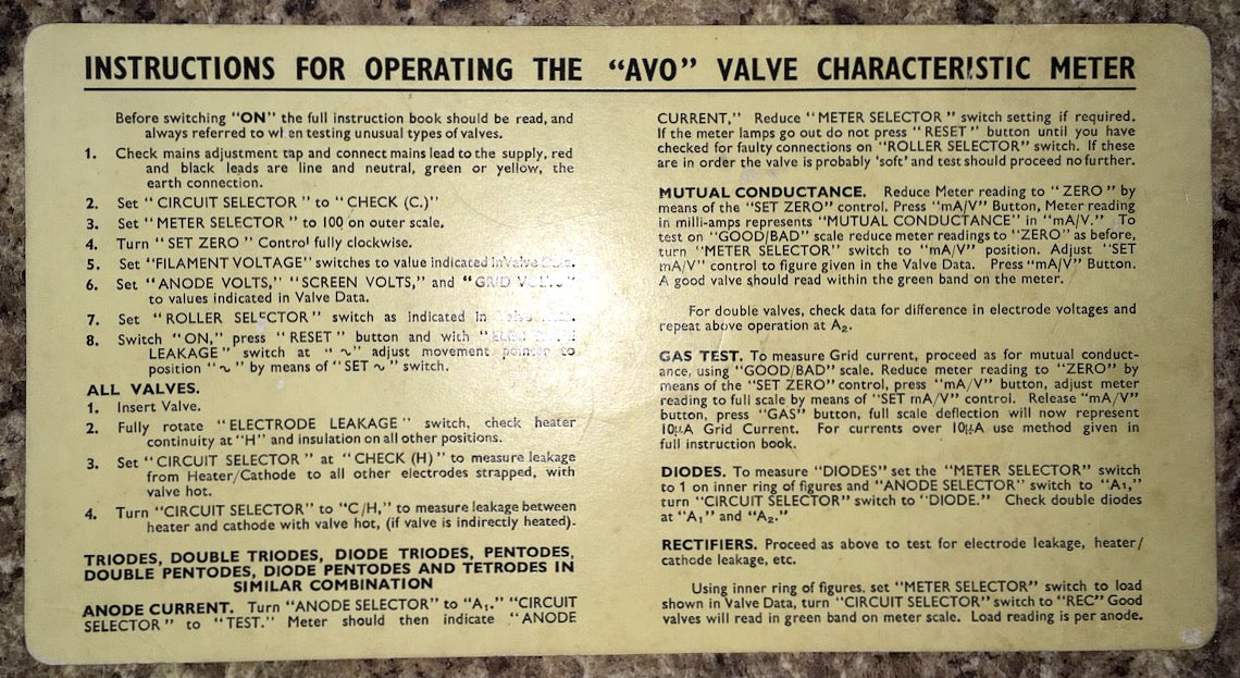 Original Card Instructions For Operating An AVO Valve Characteristic Meter