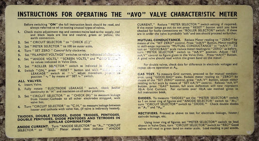 Original Card Instructions For Operating An AVO Valve Characteristic Meter