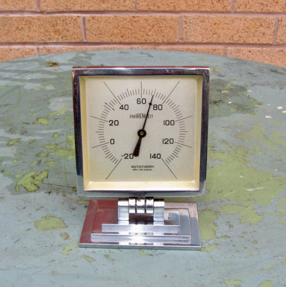Vintage Polished Chromed Brass Square Rototherm Desk Thermometer