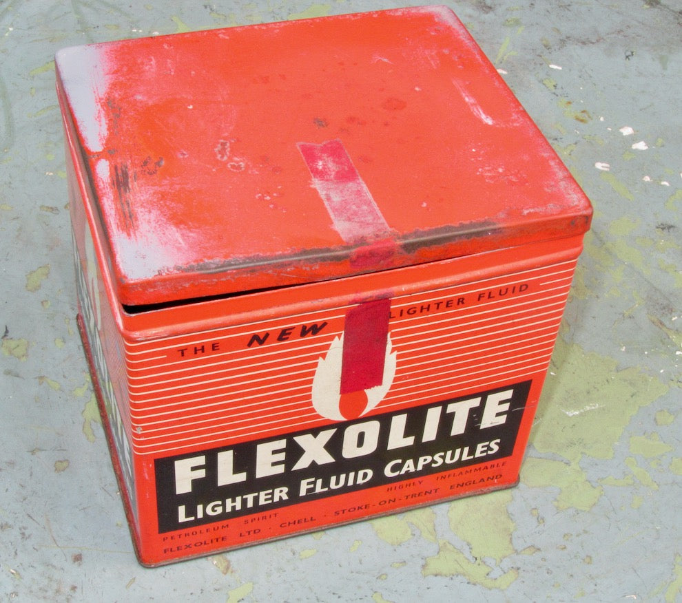1950s Flexolite Lighter Fluid Capsules Advertising Collector's Tin. Red/White/Black In Colour