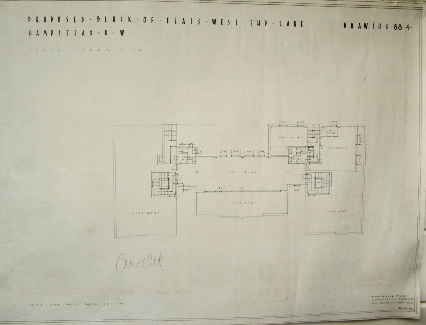 1934 Marshall & Tweedy Architect Drawings West End Lane Hampstead 88.4 Sixth Floor
