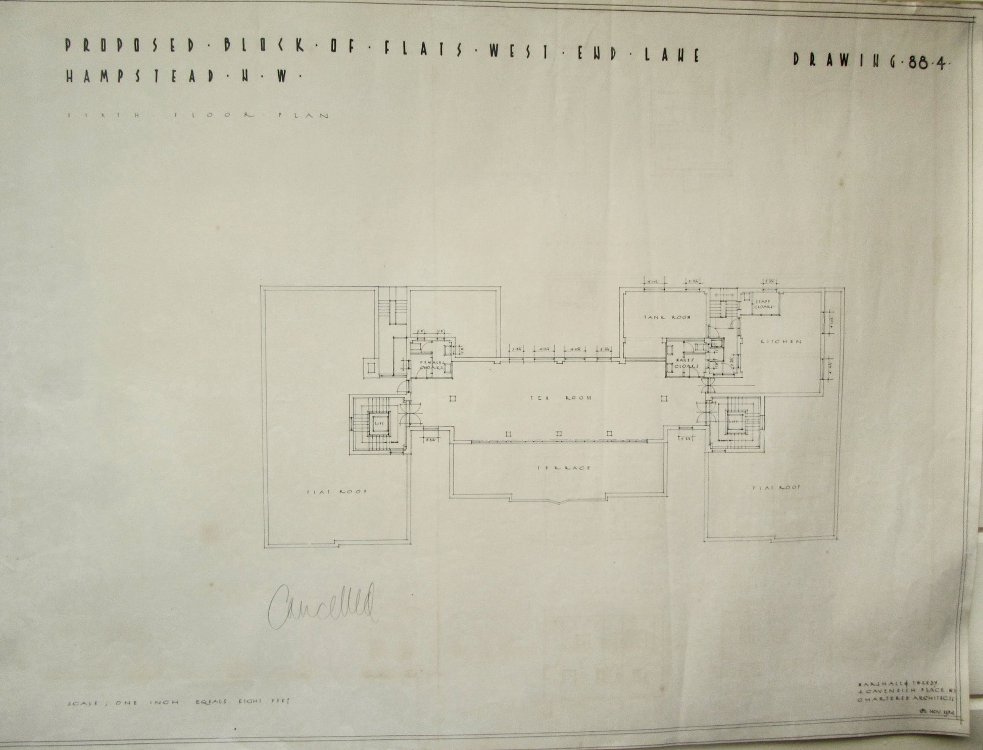1934 Marshall & Tweedy Architect Drawings West End Lane Hampstead 88.4 Sixth Floor
