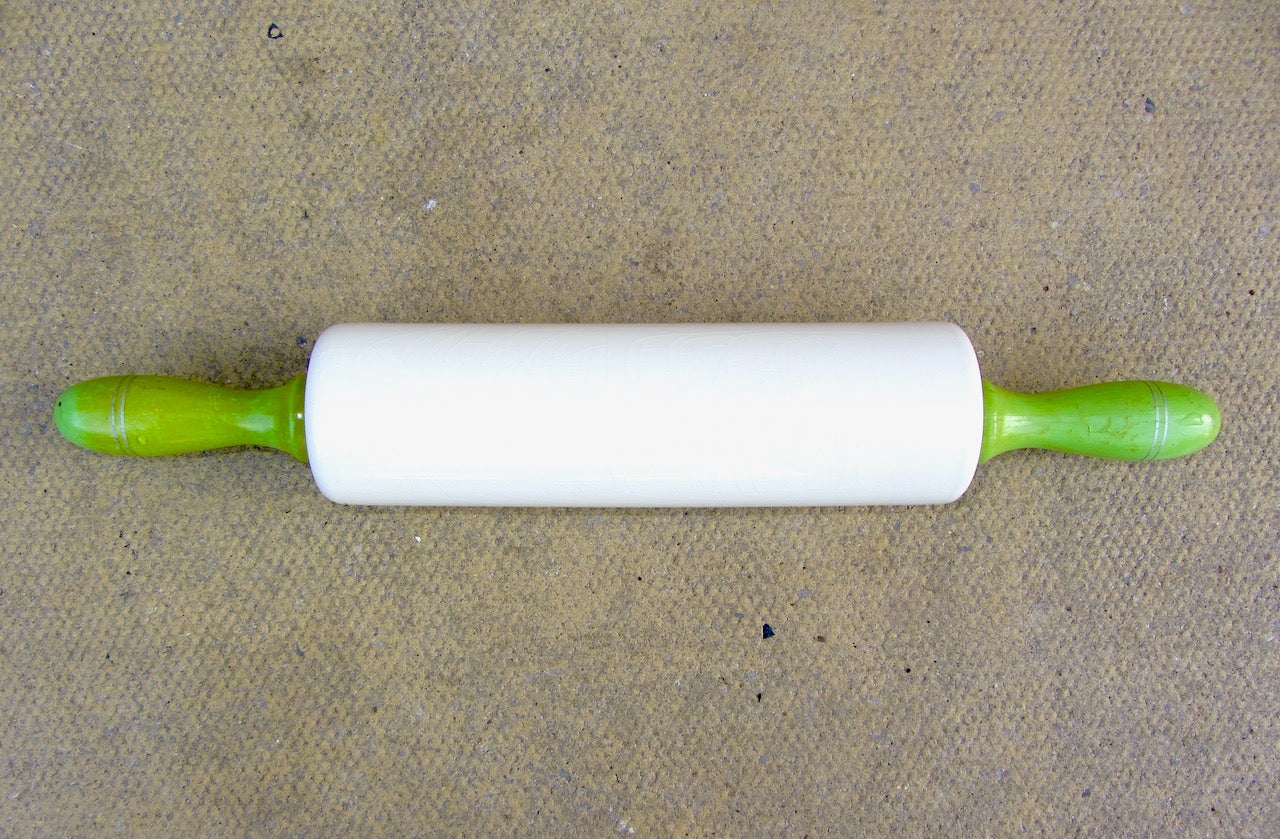 Vintage Nutbrown Ceramic Rolling Pin With Green Painted Wood Handles