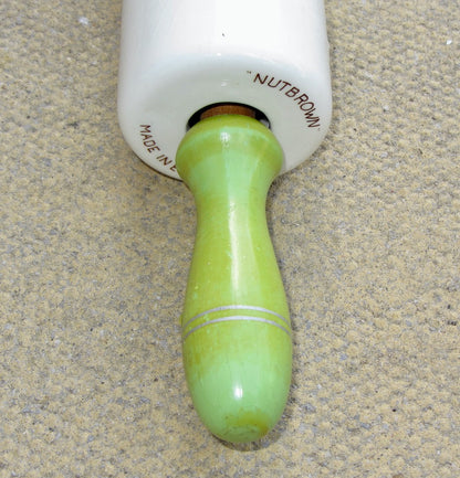 Vintage Nutbrown Ceramic Rolling Pin With Green Painted Wood Handles