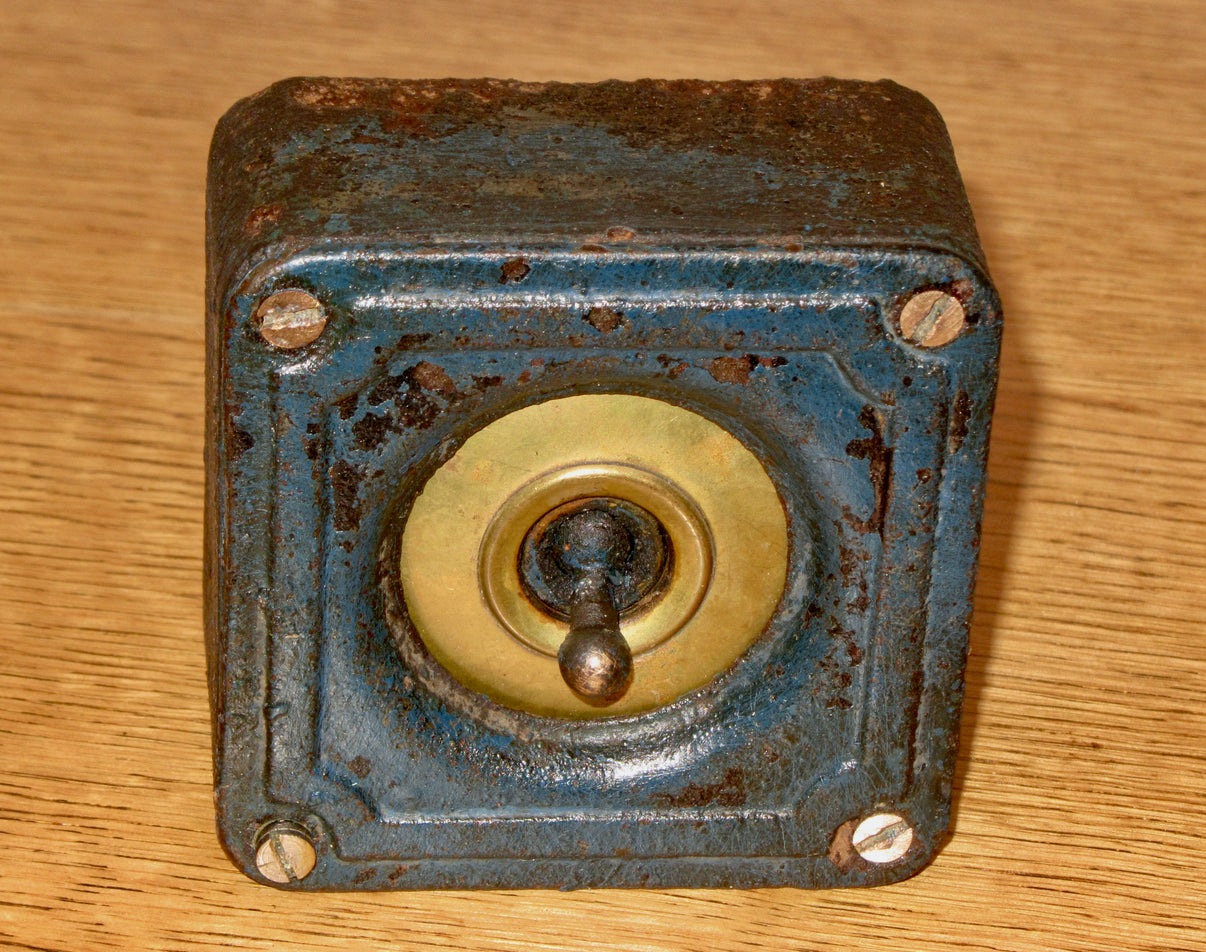 Vintage Brass Industrial Light Switch With Dark Blue Cast Iron Case vintage-brass-industrial-light-switch-with-dark-blue-cast-iron-case