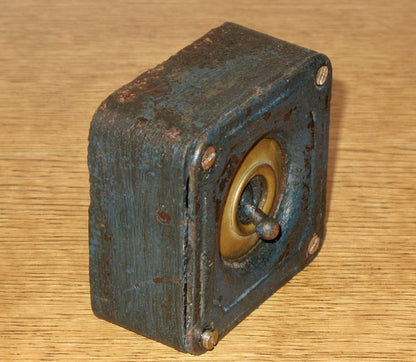 Vintage Brass Industrial Light Switch With Dark Blue Cast Iron Case